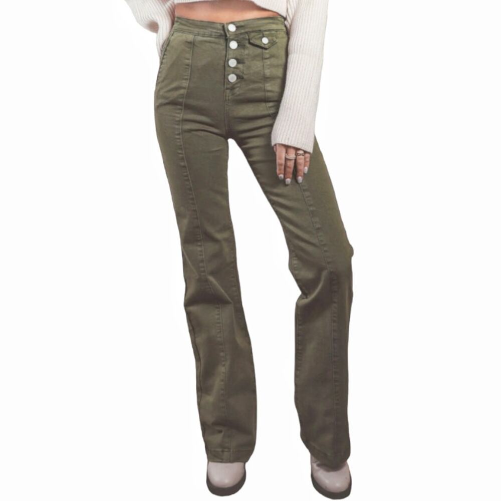 BLANK NYC Green Delancy Jeans Sz 31 Straight Button Fly High Rise Stretch Denim